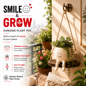 Cute Smiley Face Hanging Ceramic Planter - Swing Buddy for Balcony, Garden & Home Decor