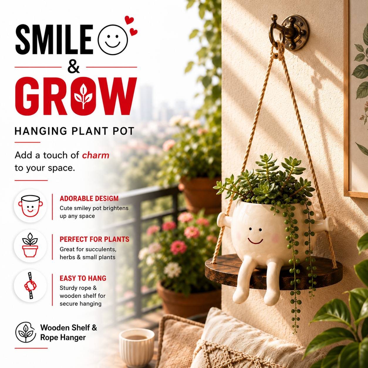 Cute Smiley Face Hanging Ceramic Planter – Swing Buddy for Balcony, Garden & Home Decor