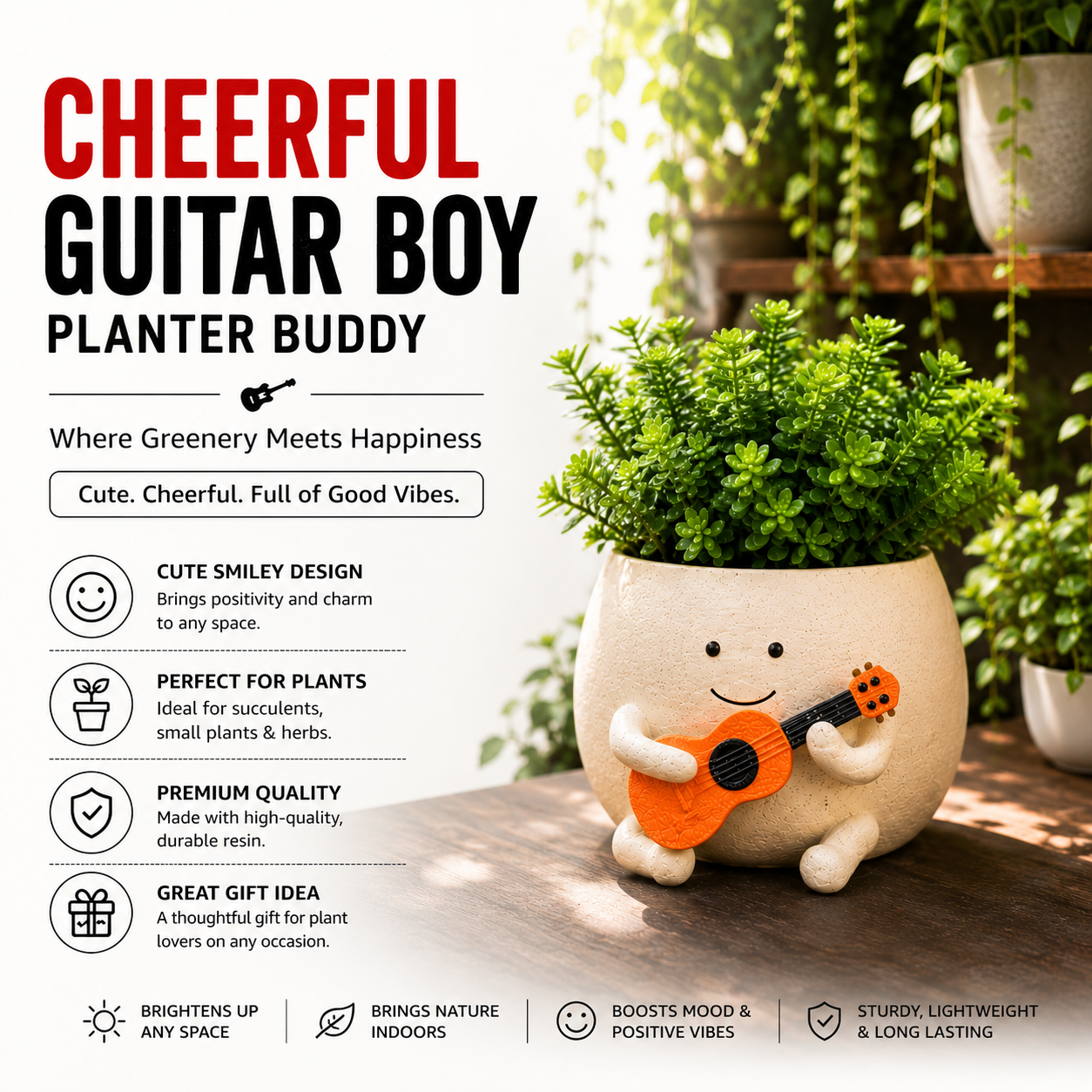 Cheerful Guitar Boy Planter Buddy – Best for Balcony, Garden & Home Decor